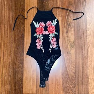 Low back body suit with floral embroidery